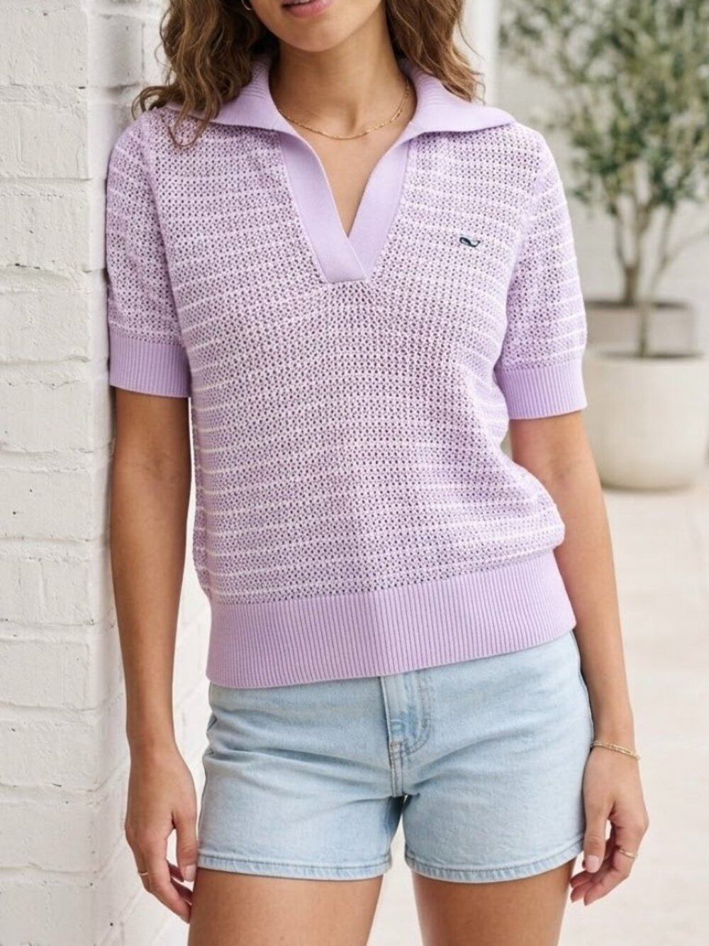NWT Vineyard Vines Open Knit Lavender Polo Short Sleeve Women's Sweater MSRP $80